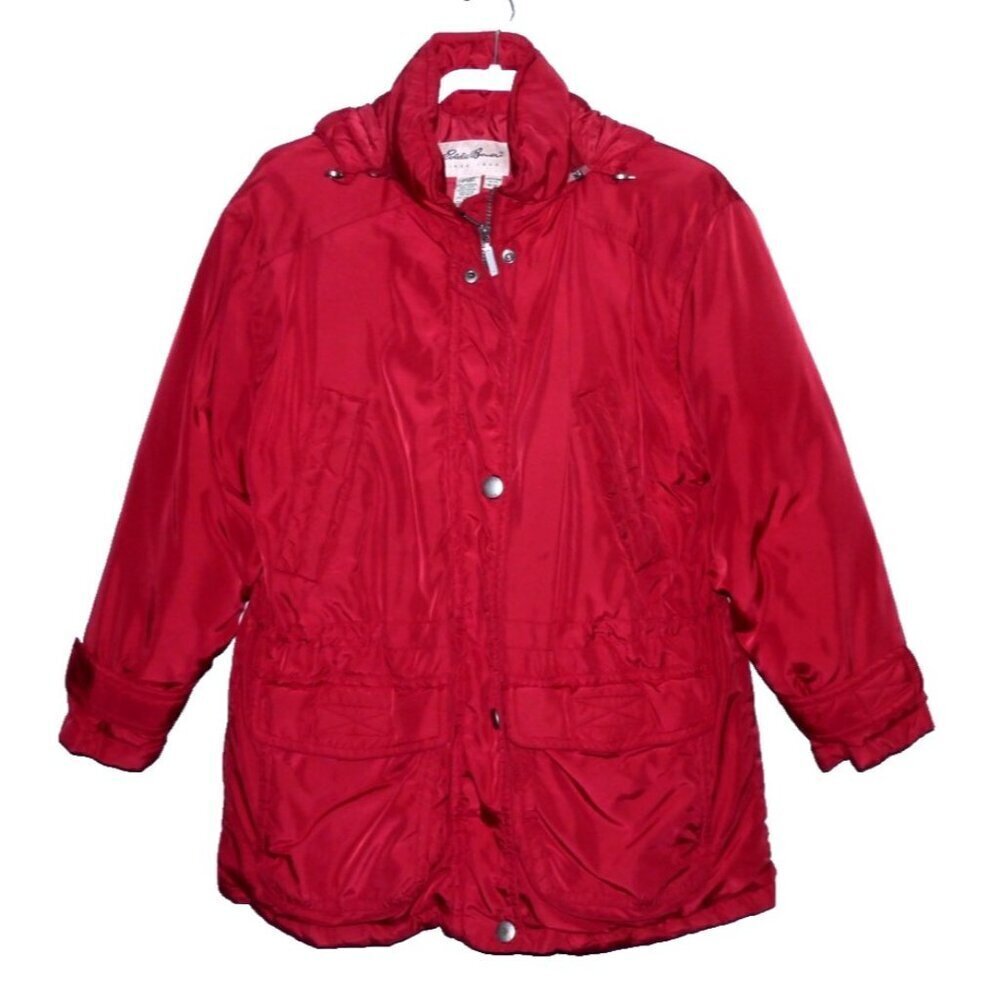 EDDIE BAUER red mid length down & wool fill puffer coat Women's size Petite M